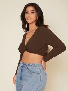 SHEIN Essnce 大碼扭結前素色短款T恤 - 咖啡棕 - 查看 4