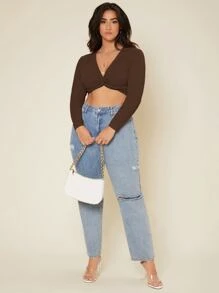 SHEIN Essnce 大碼扭結前素色短款T恤 - 咖啡棕 - 查看 5