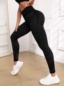 Yoga Trendy Mallas de entrenamiento con estampado de camuflaje Leggings atléticos sin costuras con control de barriga y estiramiento alto - Negro - Ver 2