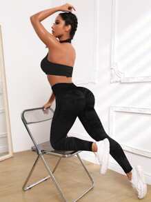 Yoga Trendy Mallas de entrenamiento con estampado de camuflaje Leggings atléticos sin costuras con control de barriga y estiramiento alto - Negro - Ver 3
