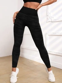 Yoga Trendy Mallas de entrenamiento con estampado de camuflaje Leggings atléticos sin costuras con control de barriga y estiramiento alto - Negro - Ver 4