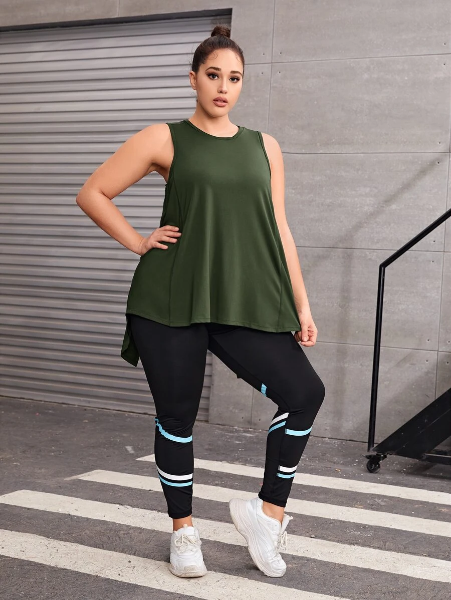 Plus Split Back Sports Tank Top & Striped Print Sports Leggings - Multicolor - View 1