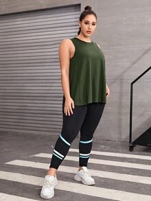 Plus Split Back Sports Tank Top & Striped Print Sports Leggings - Multicolor - View 3