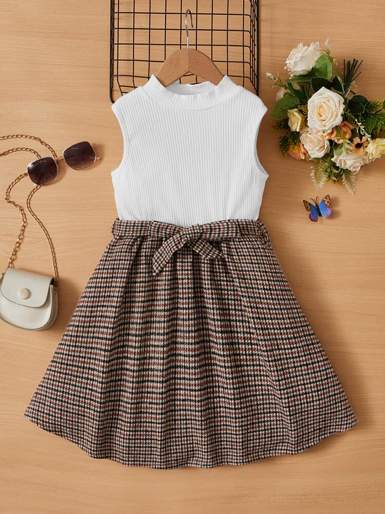 SHEIN Girls Houndstooth Print Belted Dress | SHEIN