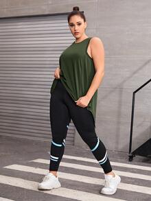 Plus Split Back Sports Tank Top & Striped Print Sports Leggings - Multicolor - View 5