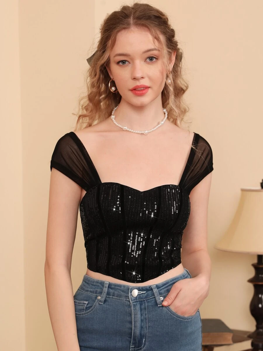 SHEIN MOD Sequin Decor Zip Back Crop Top - Black - View 1