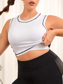 Plus Top-stitching Crop Sports Bra - White - View 1