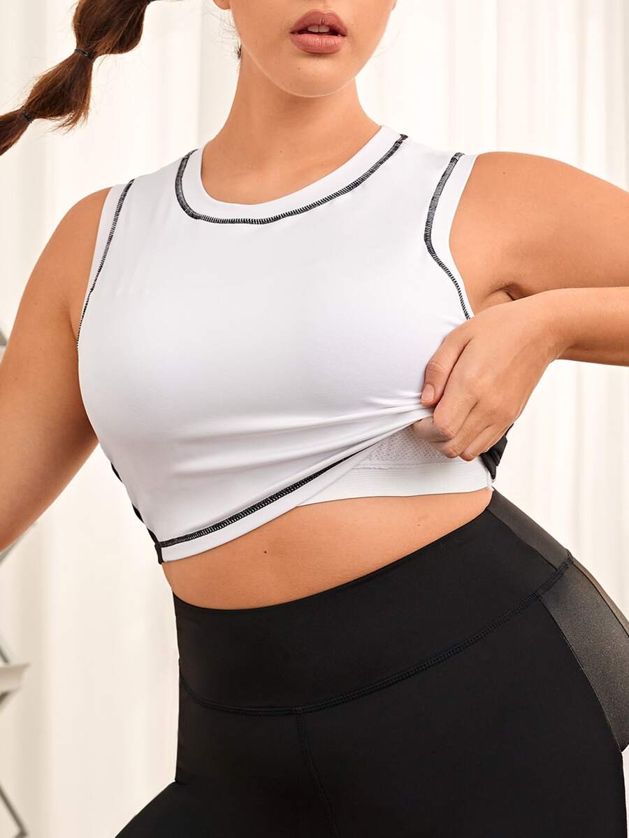 Plus Top-stitching Crop Sports Bra - White - View 1