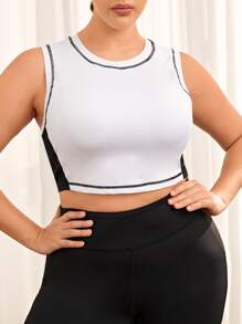 Plus Top-stitching Crop Sports Bra - White - View 3
