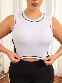 Plus Top-stitching Crop Sports Bra - White - View 4