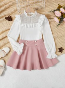 SHEIN Girls Contrast Mesh Ruffle Trim Flounce Sleeve Blouse & Skirt - Multicolor - View 1