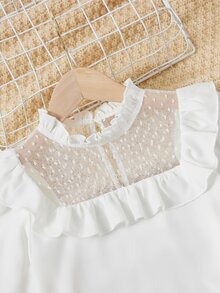 SHEIN Girls Contrast Mesh Ruffle Trim Flounce Sleeve Blouse & Skirt - Multicolor - View 4