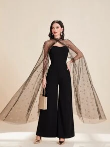 Modelyn Star Print Contrast Mesh Cloak Sleeve Wide Leg Jumpsuit - Black - View 1