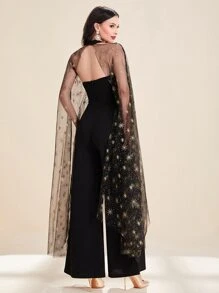 Modelyn Star Print Contrast Mesh Cloak Sleeve Wide Leg Jumpsuit - Black - View 2