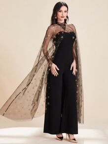 Modelyn Star Print Contrast Mesh Cloak Sleeve Wide Leg Jumpsuit - Black - View 3