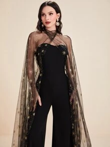 Modelyn Star Print Contrast Mesh Cloak Sleeve Wide Leg Jumpsuit - Black - View 4