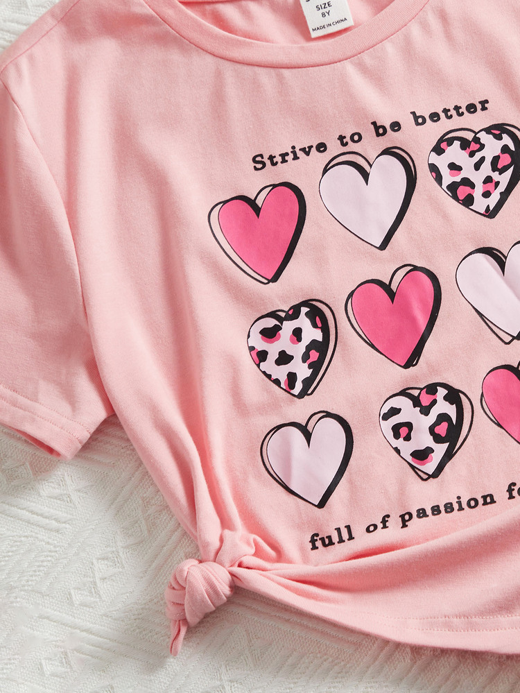 SHEIN Girls ハート＆スローガングラフィック Tシャツ＆ショーツ - マルチカラー - 見る 4