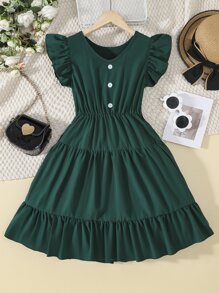 Chicas Vestido bajo con fruncido de manga mariposa - Verde Oscuro - Ver 1