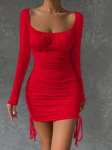 Chiquease Ruched Bust Drawstring Side Bodycon Dress For New Year Clothes Fall Cloth For Women - Red - View 3