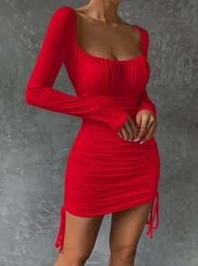 Chiquease Ruched Bust Drawstring Side Bodycon Dress For New Year Clothes Fall Cloth For Women - Red - View 6