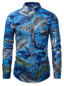 NITAGUT Men Plants Print Button Front Shirt - Blue - View 1