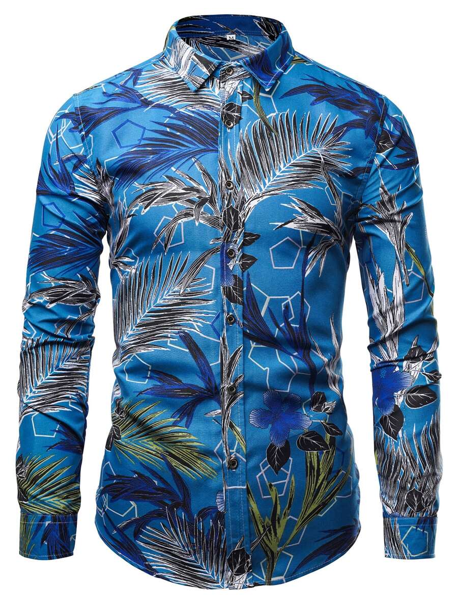 NITAGUT Men Plants Print Button Front Shirt - Blue - View 1