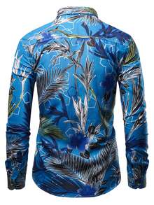 NITAGUT Men Plants Print Button Front Shirt - Blue - View 2