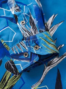 NITAGUT Men Plants Print Button Front Shirt - Blue - View 3