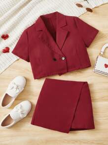 SHEIN Chicas Blazer de cuello con solapa con botones con falda cruzada - Burdeos - Ver 1