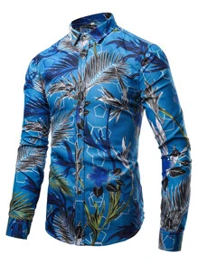 NITAGUT Men Plants Print Button Front Shirt - Blue - View 7