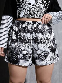ROMWE Goth 大碼骷髅頭圖案短褲 - 黑與白 - 查看 3