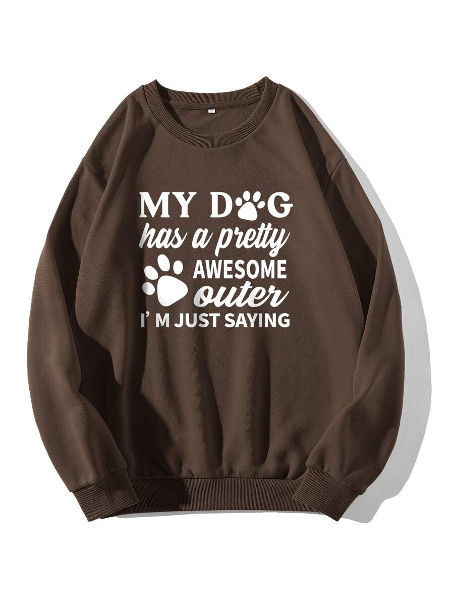 SHEIN EZwear Slogan Graphic Thermal Lined Sweatshirt - Coffee Brown - View 1