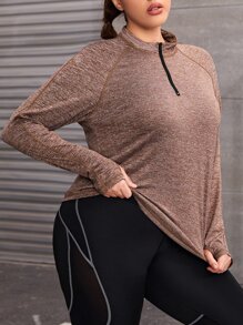 Gameset SHEIN Sport Camiseta deportiva tejido jaspeado con cremallera cuarta de manga raglán - Marrón Mocha - Ver 1