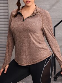 Gameset SHEIN Sport Camiseta deportiva tejido jaspeado con cremallera cuarta de manga raglán - Marrón Mocha - Ver 3