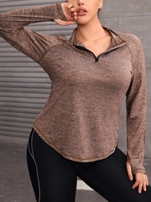 Gameset SHEIN Sport Camiseta deportiva tejido jaspeado con cremallera cuarta de manga raglán - Marrón Mocha - Ver 4