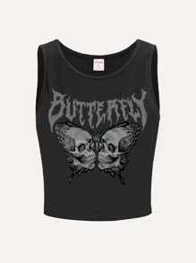ROMWE Grunge Punk Parte superior de tirantes con estampado de mariposa con letras, escuela
