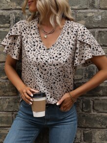 SHEIN LUNE 碎花花瓣袖襯衫 - 卡其色 - 查看 3