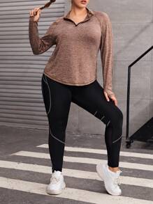 Gameset SHEIN Sport Camiseta deportiva tejido jaspeado con cremallera cuarta de manga raglán - Marrón Mocha - Ver 5