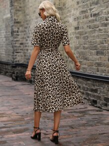 SHEIN LUNE Leopard Print Belted Shirt Dress - Khaki - View 2