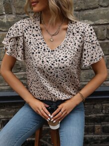 SHEIN LUNE 碎花花瓣袖襯衫 - 卡其色 - 查看 6