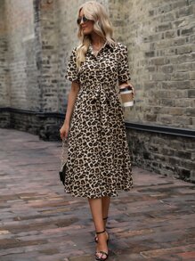 SHEIN LUNE Leopard Print Belted Shirt Dress - Khaki - View 3