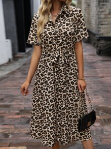 SHEIN LUNE Leopard Print Belted Shirt Dress - Khaki - View 4