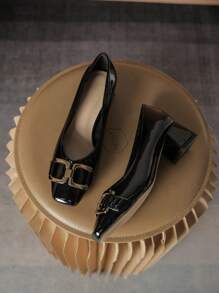 Fall/Winter Women's High Heel Pumps With V-Shaped Vamp And Metal Buckle, Chunky Heel Lacquered Leather Pumps, Retro & Stylish High Heels, Comfortable & Versatile For Business/Work, Plus Size,Elegant