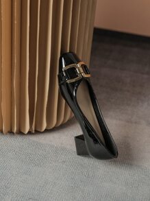 Fall/Winter Women's High Heel Pumps With V-Shaped Vamp And Metal Buckle, Chunky Heel Lacquered Leather Pumps, Retro & Stylish High Heels, Comfortable & Versatile For Business/Work, Plus Size,Elegant