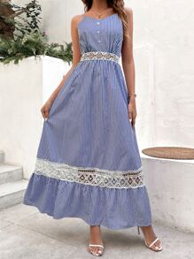 SHEIN VCAY Robe à fines brides à rayures dentelle à nœud au dos à volants