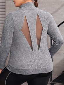 Plus Kangaroo Pocket Mesh Insert Half Zip Sports Tee - Grey - View 2