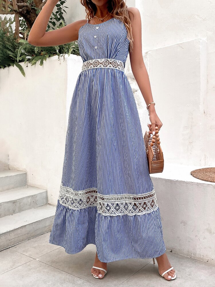 SHEIN VCAY Striped Contrast Guipure Lace Bow Back Ruffle Hem Cami Dress - Blue and White - View 6