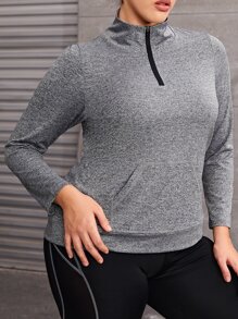 Plus Kangaroo Pocket Mesh Insert Half Zip Sports Tee - Grey - View 3