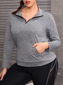 Plus Kangaroo Pocket Mesh Insert Half Zip Sports Tee - Grey - View 5