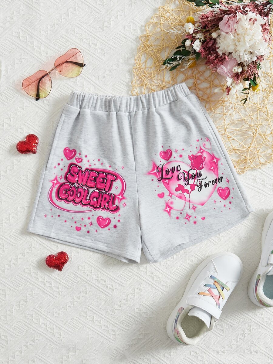 SHEIN 女孩愛心和標語圖案短褲